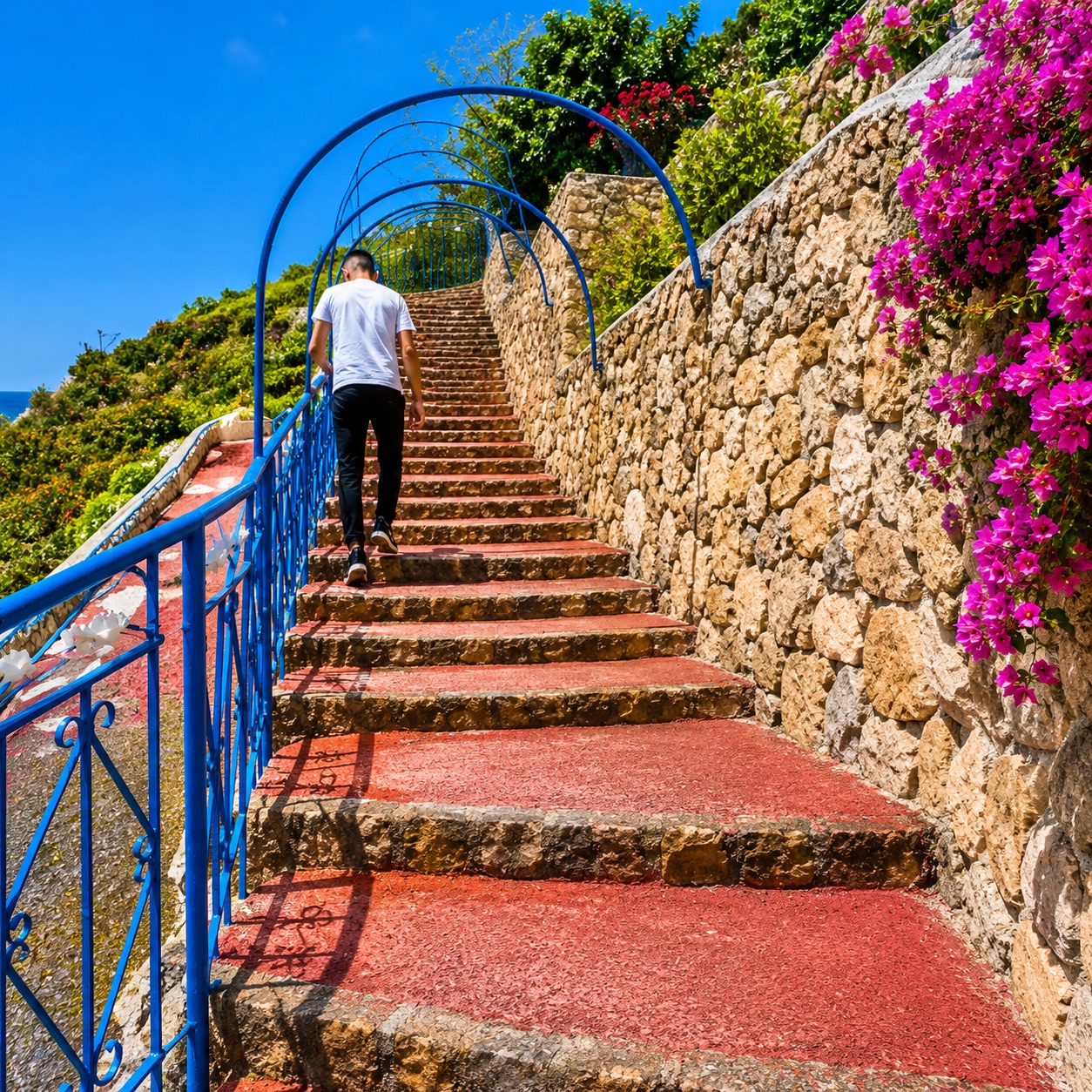 Stone steps through bougainvillea on the grounds