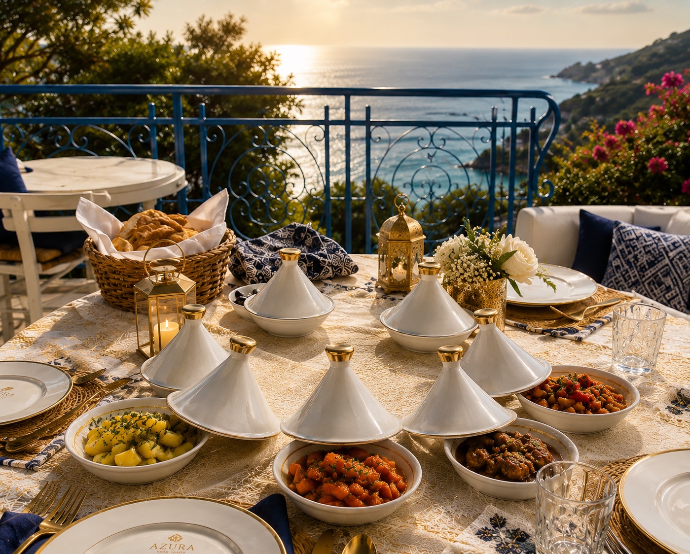 A Moroccan table set on the sea-view terrace at Azura Oued Laou