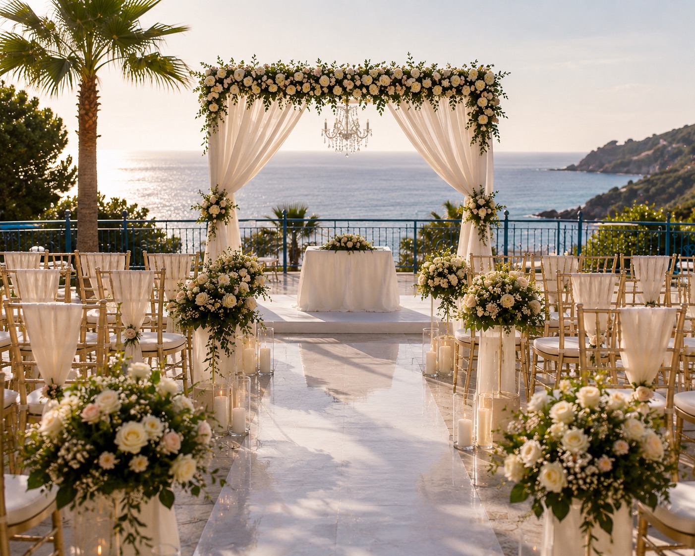 A wedding ceremony set above the Mediterranean